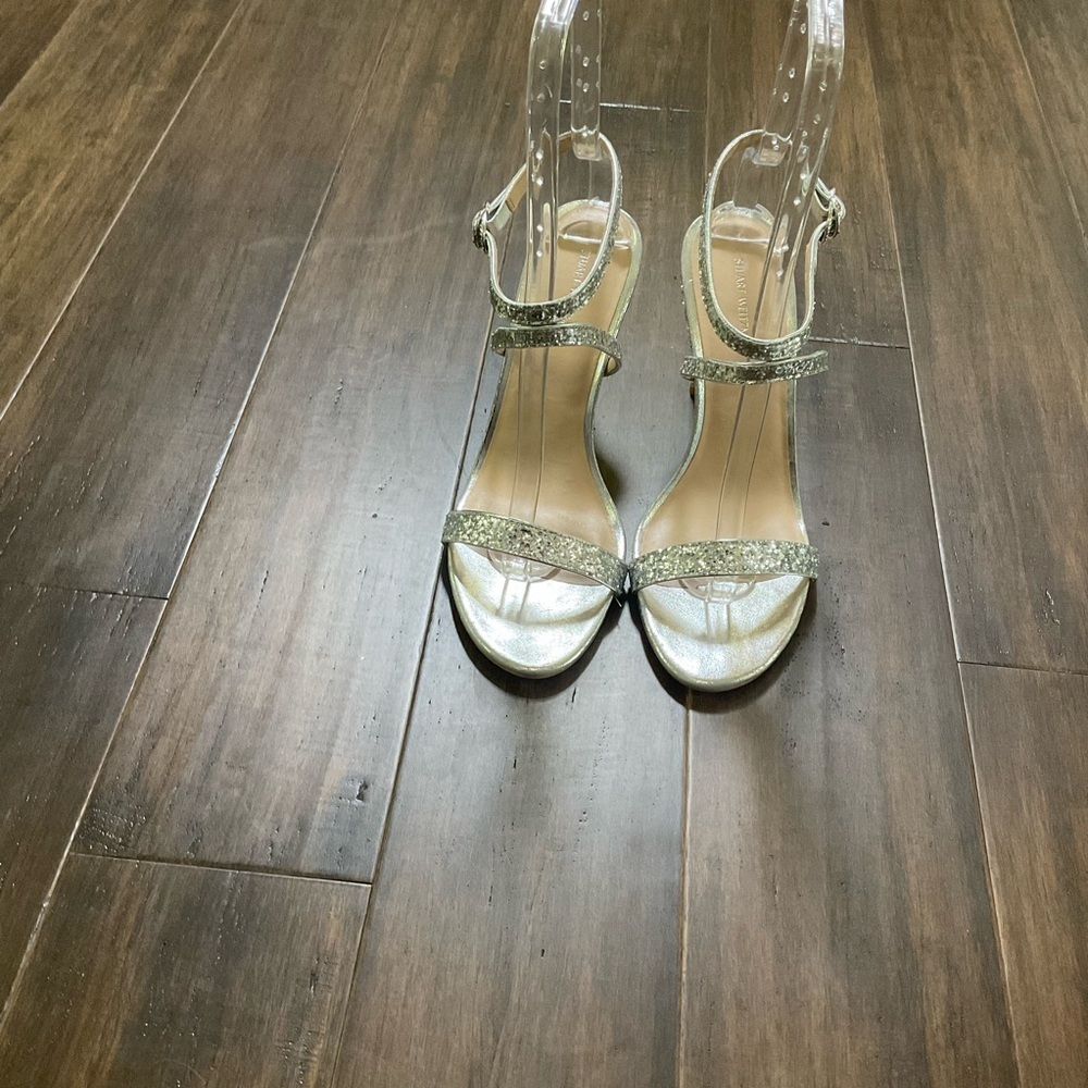 Stuart Weitzman Silver Glitter Open Toe Ankle Strap Stiletto Heels Size 10.5